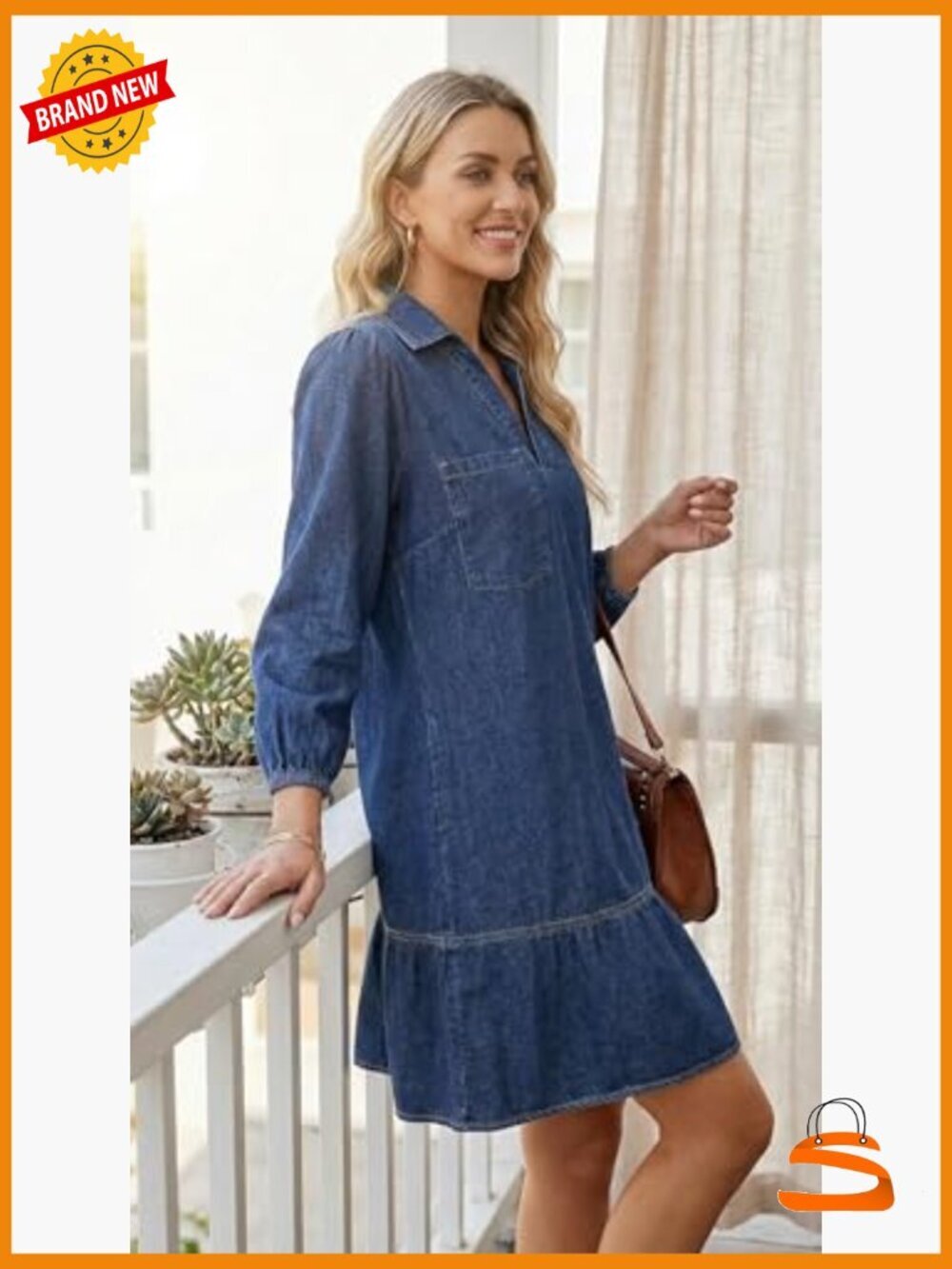 Collared V Neck Denim Dress 3/4 Sleeve Casual Loose Babydoll Short Jean Dress - Picture 2 of 5
